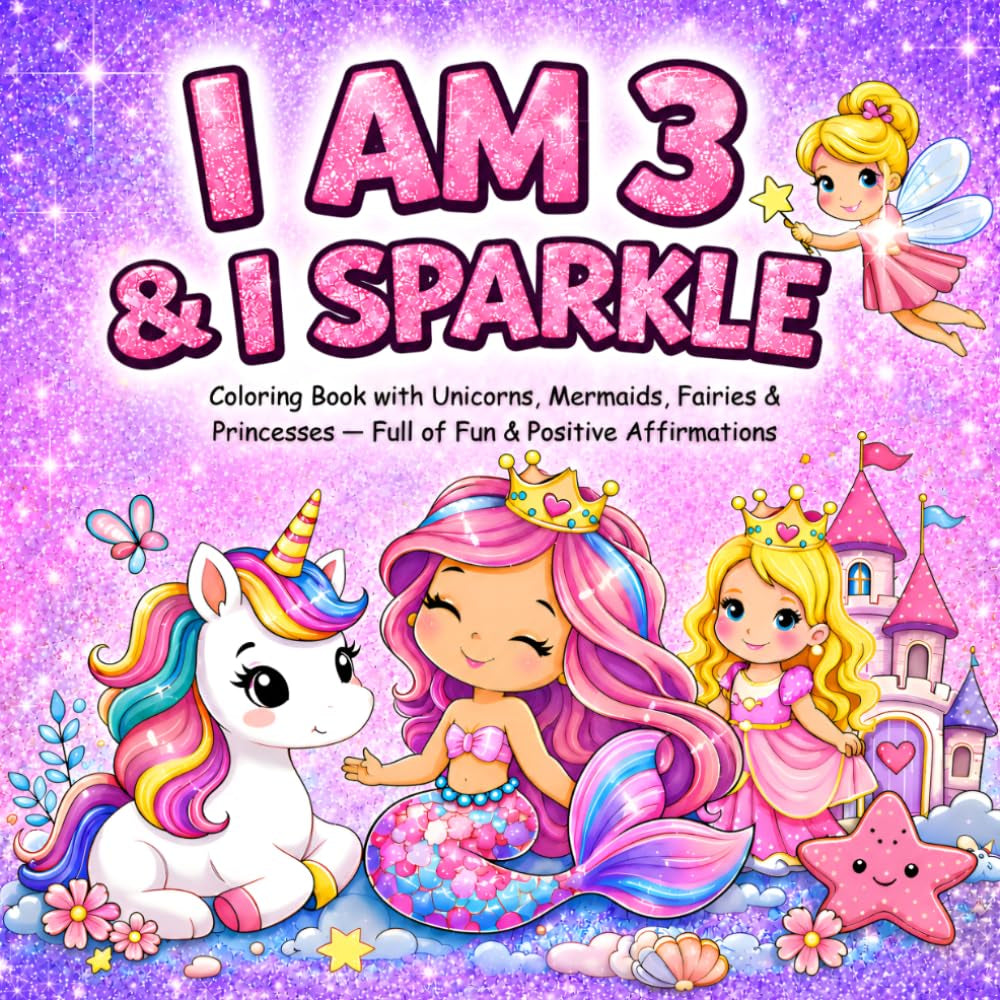 I am 3 and I Sparkle : Coloring Book With Unicorns , Mermaids , Fairies & Princesses Full of Fun & Positive Affirmations: Christmas Valentine Easter ... for Three Year Old Girl (3 year old gifts)