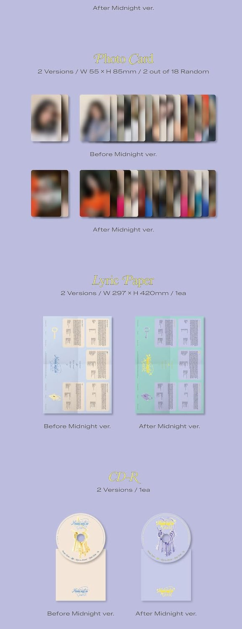 Midnight Guest Random Cover Incl. 72pg Photobook, Postcard, Mini Card, Film Photo, 2 Photocards + Lyric Paper