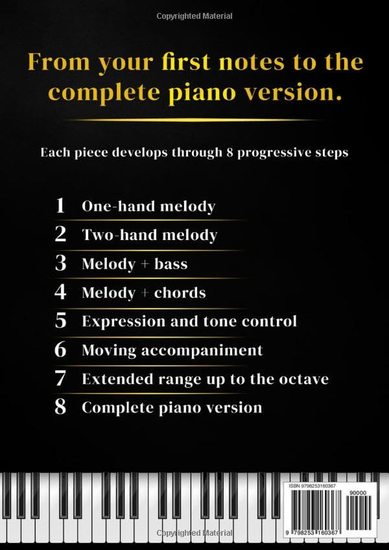 Piano Sheet Music – 8 Progressive Levels for Adult Beginners: 7 Pieces, 56 Versions with Audio: Für Elise, Canon in D, Passacaglia and Ode to Joy