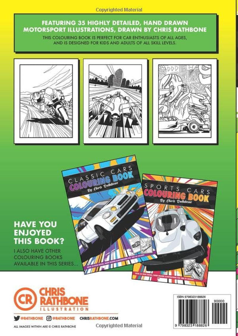 Motorsport Colouring book: A Collection of 35 Highly Detailed, Hand Drawn Motorsport Images: A Colouring Book for Car Enthusiasts of All Ages, illustrated by Chris Rathbone