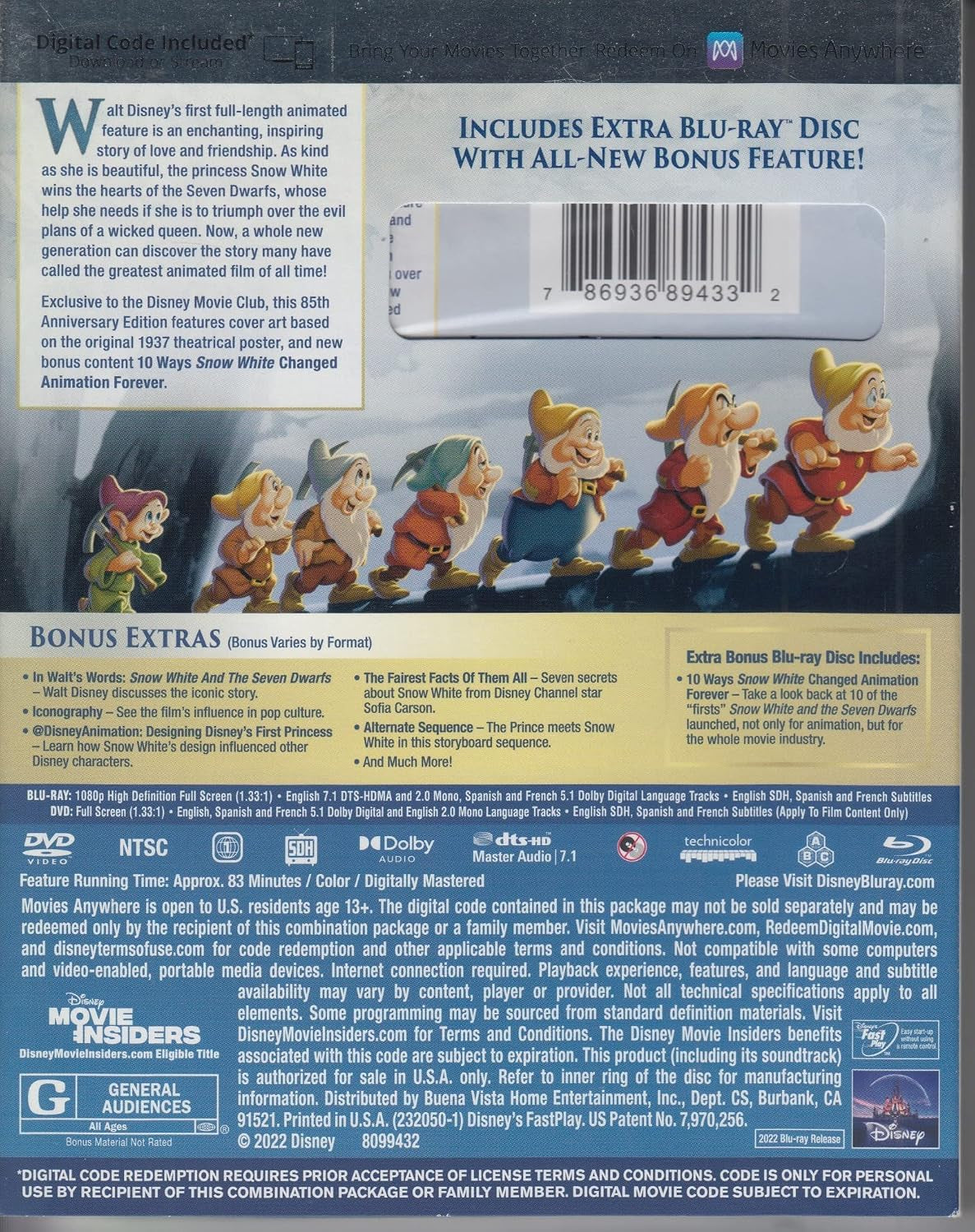 Snow White and the Seven Dwarfs (85th Anniversary Edition) [Blu-ray + DVD + Digital HD]