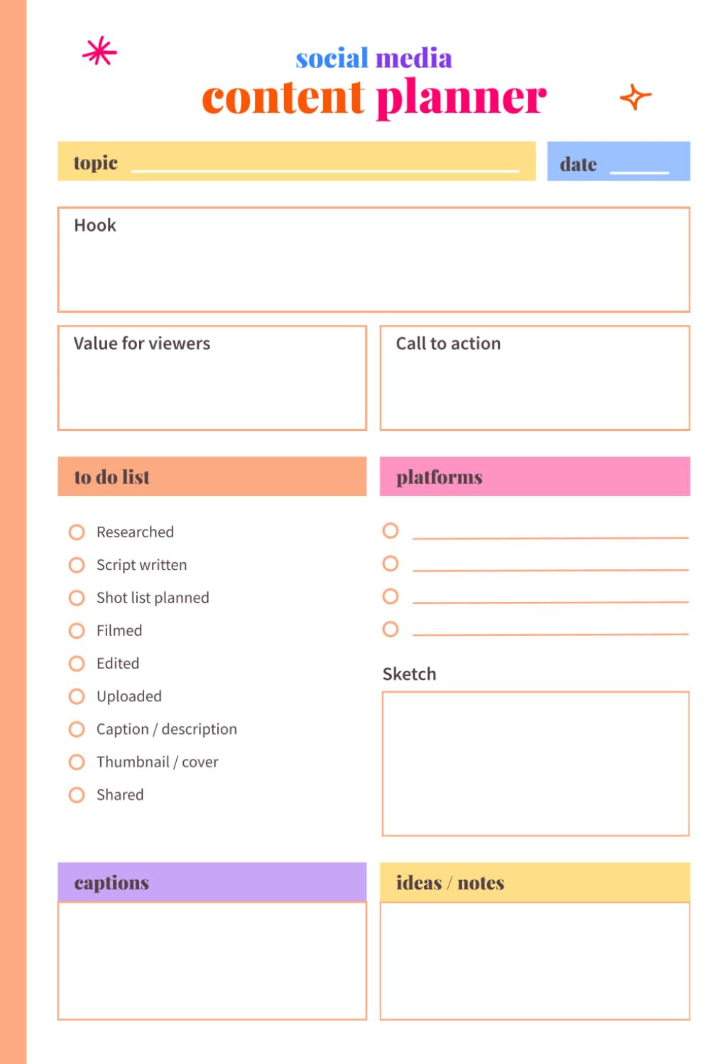 Social Media Content Planner: Creator Notebook to Plan your Viral Hooks, Captions, Track your Ideas, Filming Checklist and Publishing tasks