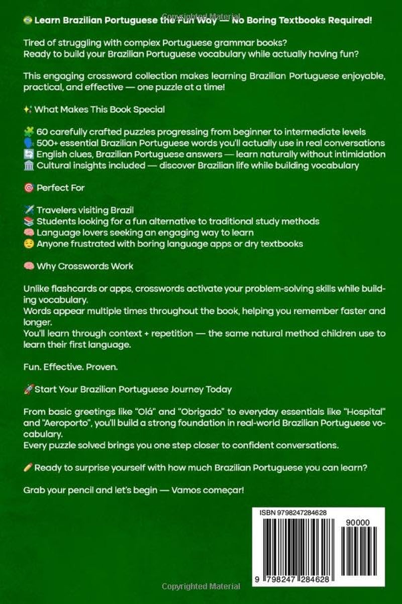 Brazilian Portuguese Crosswords for English Speakers: 60 Fun Puzzles to Learn 500+ Essential Portuguese Words