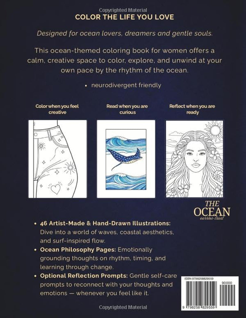 Coloring Book For Women Who Love the Sea: I Miss the Ocean: An Artist Made Emotionally Grounding Coloring Book: Neurodivergent Friendly Oasis for ... Calming Self-Care Quotes (A Place to Land)
