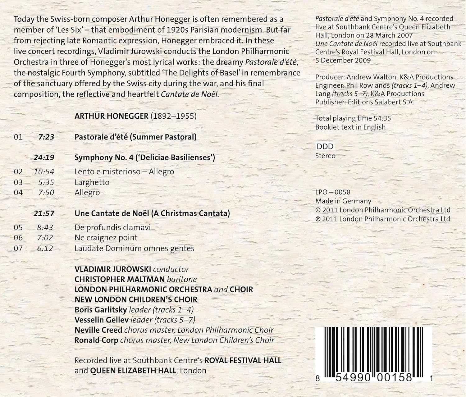 Honegger: Symphony No.4 & Other Works