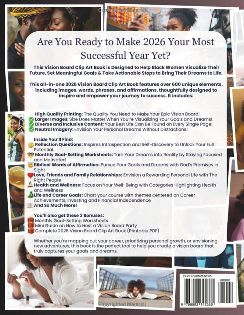2026 Vision Board Clip Art Book for Black Women: Inspirational Collection of 600+ Elements Including Images, Quotes, Affirmations Plus 30 Reflection ... Worksheets (Manifestation Dream Board Books)