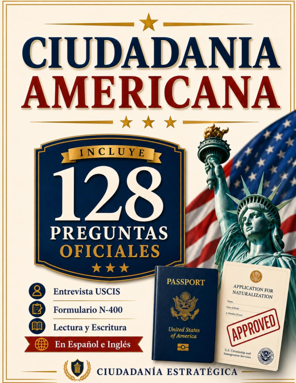 Ciudadanía Americana: Guía práctica y sencilla en español e inglés con las 128 preguntas oficiales, entrevista USCIS, Formulario N-400, lectura y escritura (Spanish Edition)