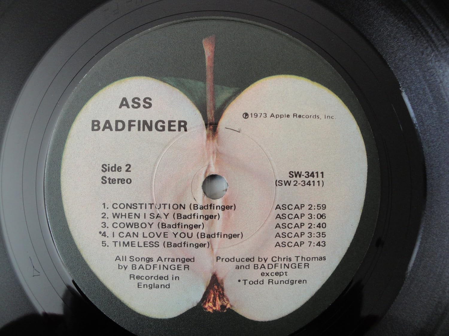 BADFINGER "ASS" Original 1973 Apple Records SW-3411 Stereo Record Recorded in England Todd Rundgran EX