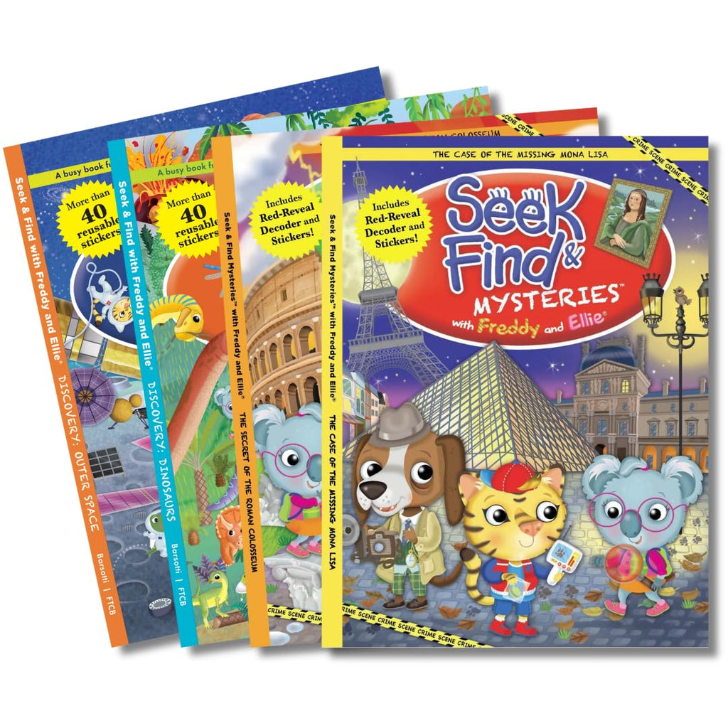 Seek & Find with Freddy and Ellie, 4 Book Set. Includes Dinosaurs, Outer Space, The Case of the Missing Mona Lisa, and The Secret of the Roman Colosseum
