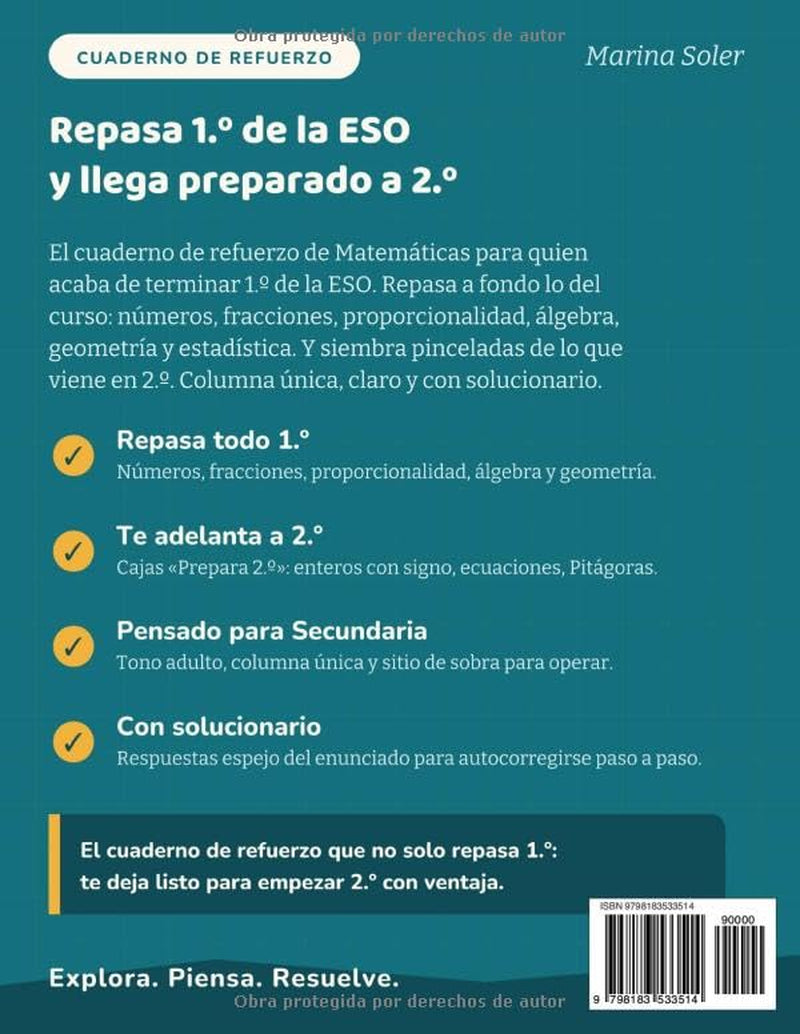 Matemáticas 1.º ESO. Cuaderno de refuerzo: Repasa 1.º y prepara 2.º. Con todas las soluciones. Números, álgebra, geometría y más (Refuerzo 1.º ESO) (Spanish Edition)