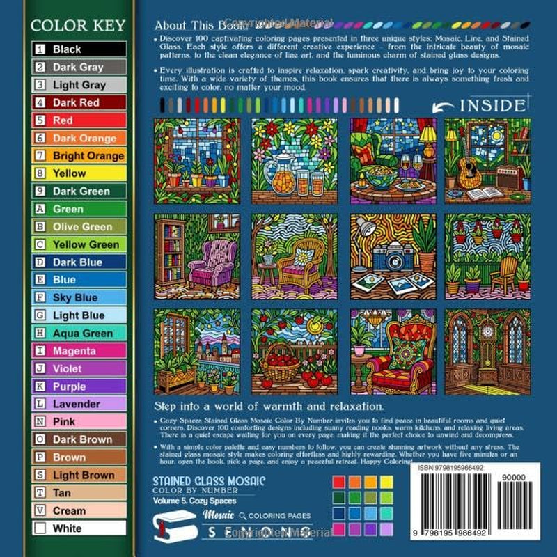 Cozy Spaces Stained Glass Mosaic Color by Number: 100 Relaxing Rooms and Peaceful Corners for Stress Relief