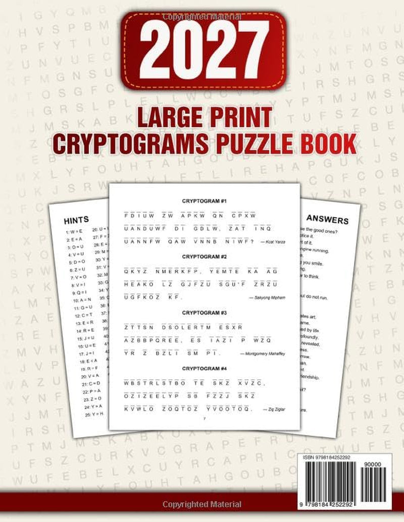 Large Print Cryptograms Puzzle Book For Adults and Seniors with 600 Puzzles: Decode 600 Funny, Clever, Memorable, and Insightful Quotes with Easy-to-Read Large Print for Relaxing Brain Exercise