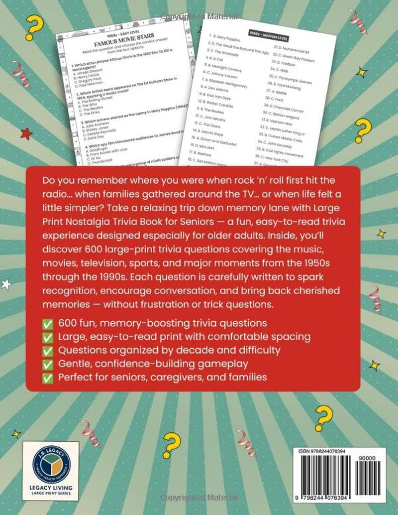 Large Print Nostalgia Trivia Book for Seniors: 600 Fun, Memory-Boosting Questions from the 1950s–1990s for Solo or Group Play (Large Print Trivia and Activity Books)
