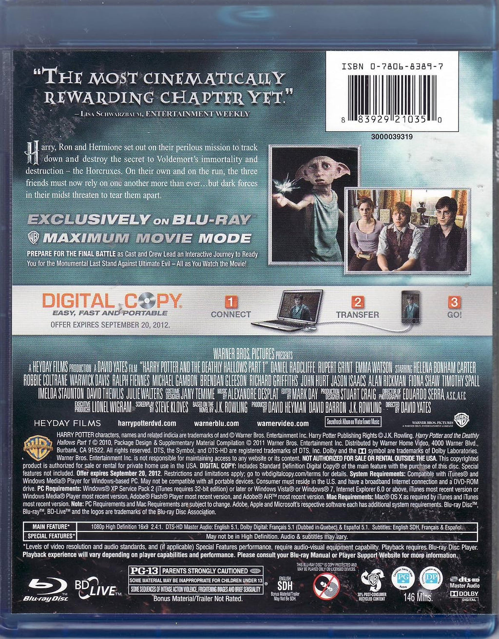 Harry Potter and the Deathly Hallows Part 1 LIMITED EDITION Blu-ray / DVD / Digital Copy