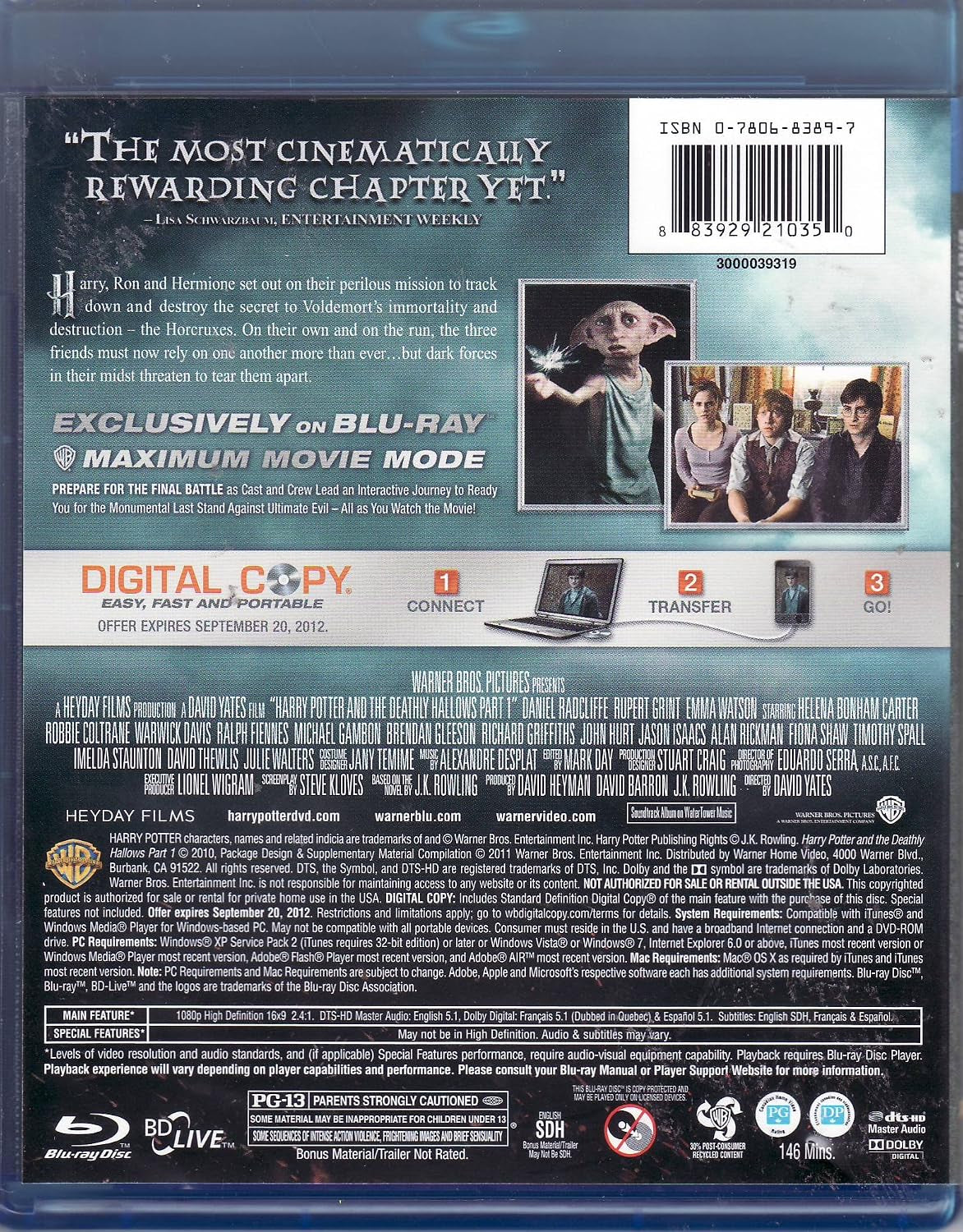 Harry Potter and the Deathly Hallows Part 1 LIMITED EDITION Blu-ray / DVD / Digital Copy