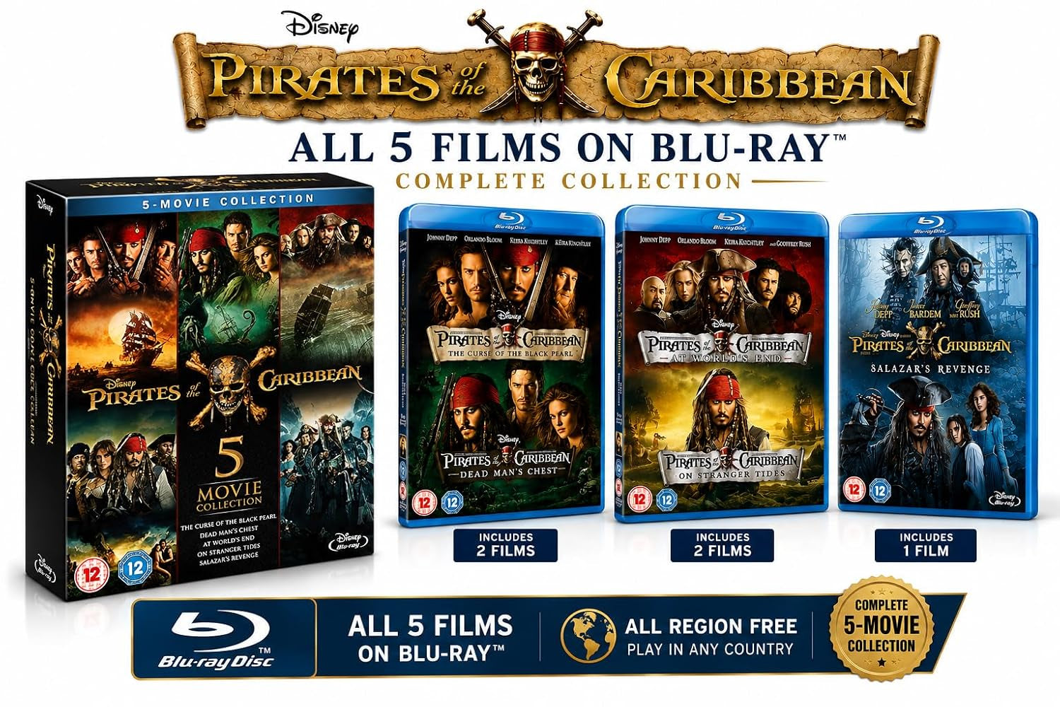 Pirates of the Caribbean 5-Movie Collection, Blu-ray Region Free, Complete Film Series Box Set
