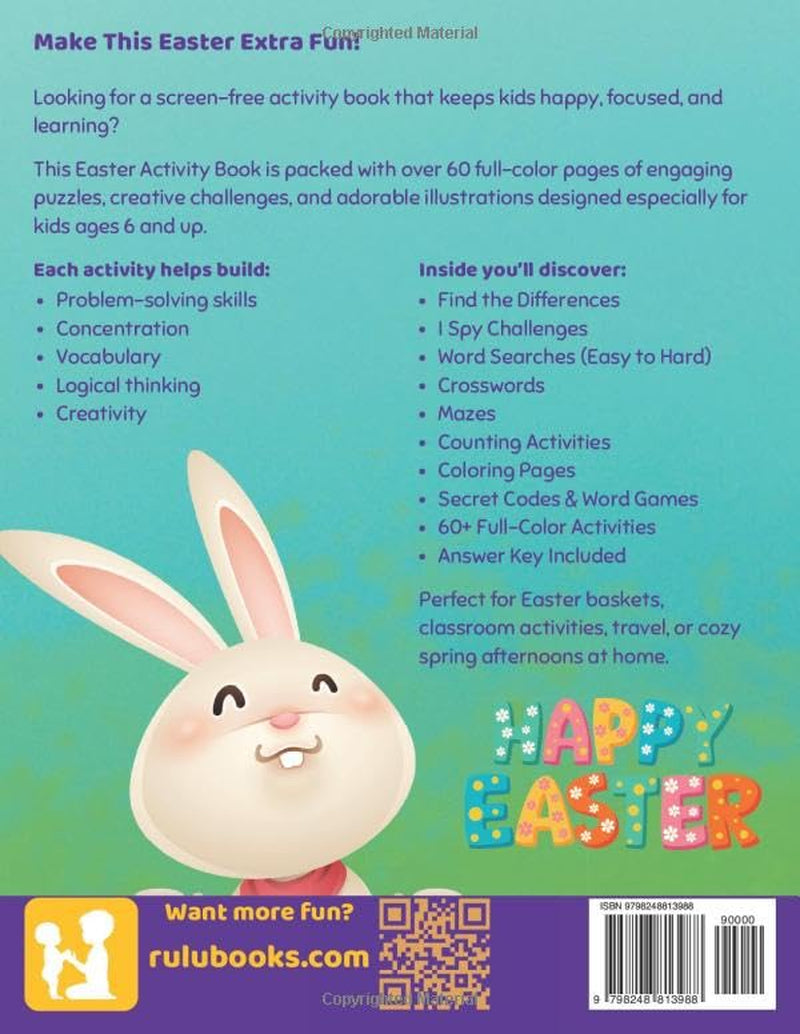 Easter Activity Book for Kids Ages 6+: 60+ Full-Color Pages of Word Searches, Mazes, Puzzles, Coloring, I Spy, and Brain Games, Perfect Easter Basket Stuffer