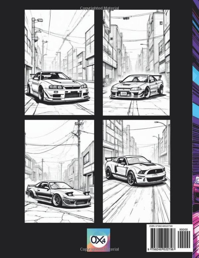 Midnight Street Racing Coloring Book: 50 JDM & Muscle Cars to Color, Perfect Gift for Teens, Adults & Car Enthusiasts