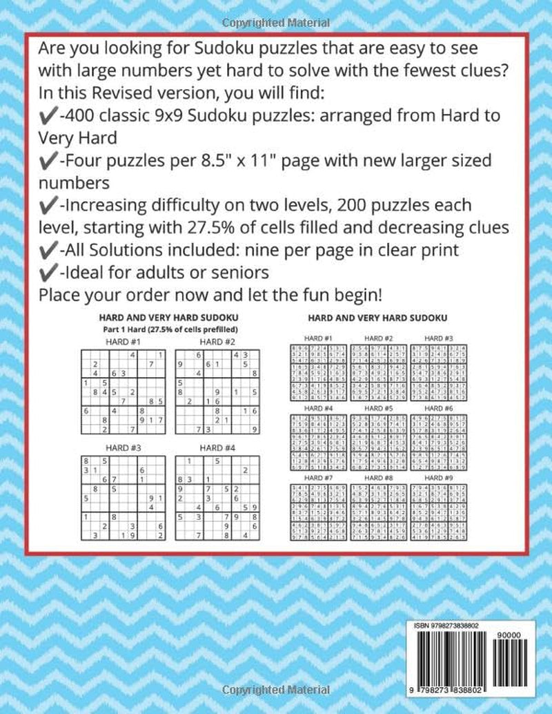 Sudoku Large Print 400 Puzzles, Solutions Included, Hard to Very Hard: Great Gift to Boost Focus, Relaxation & Cognition