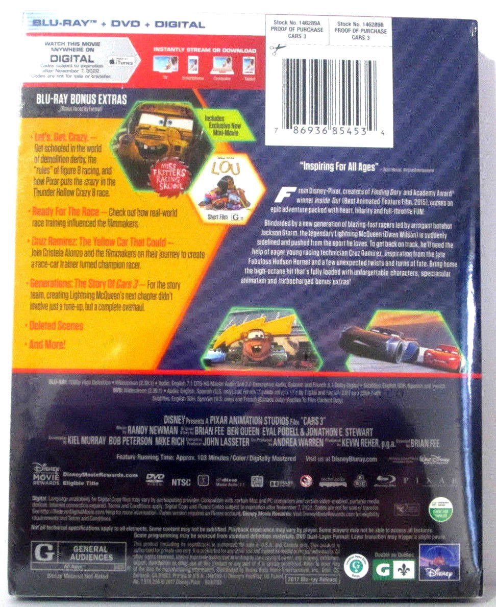 Disney / Pixar Cars 3 (Blu-ray +DVD +Digital; 2017) LIMITED STEELBOOK EDITION