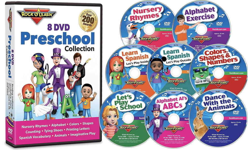Preschool 8 DVD Collection by Rock 'N Learn (Nursery Rhymes, Alphabet Exercise, Colors, Shapes & Numbers, Let's Play School, Dance with the Animals, Alphabet AI's ABCs, Learn Spanish - Let's Play Outside and Learn Spanish - Let's Play Inside)
