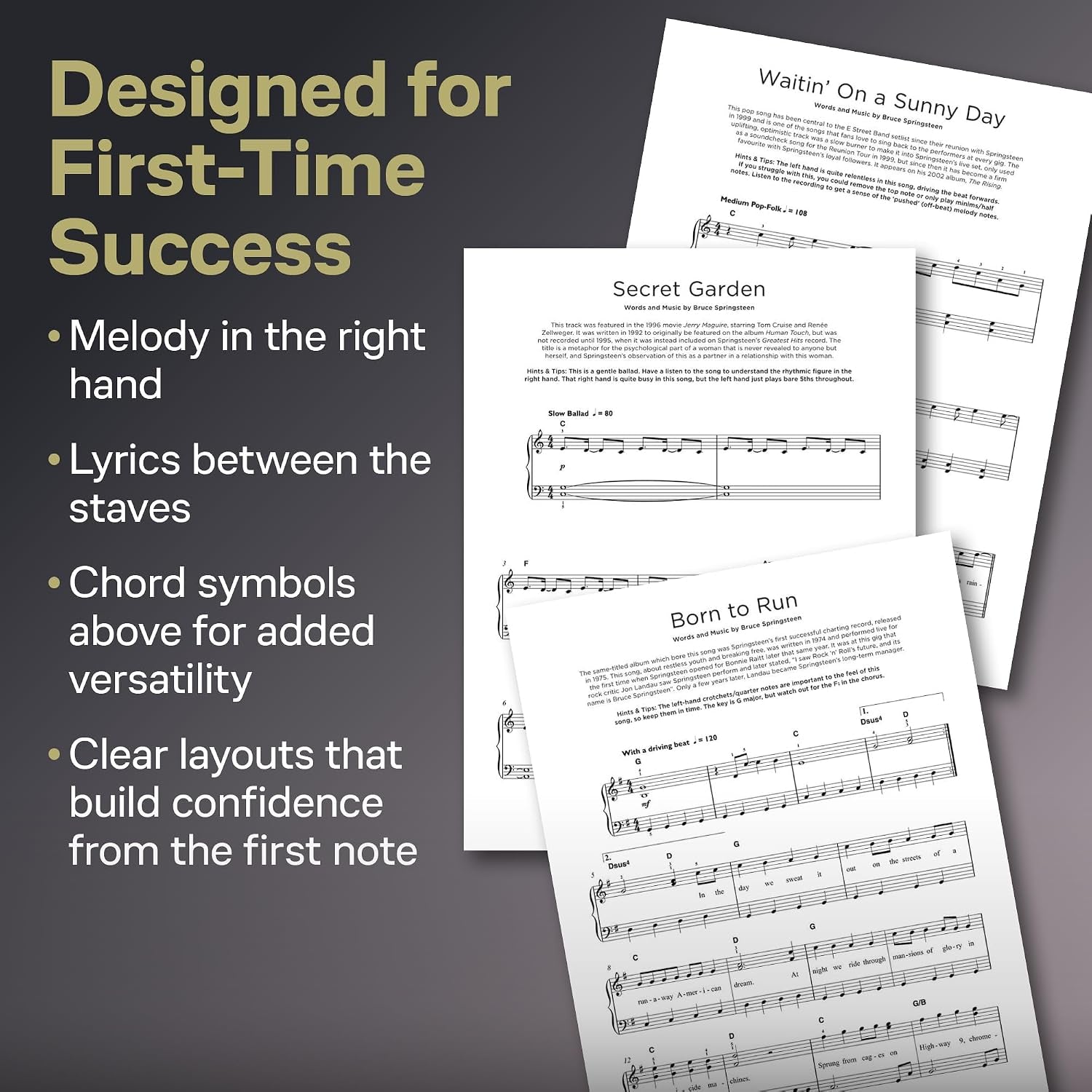 Bruce Springsteen: Really Easy Piano | 16-Song Piano Sheet Music Songbook with Lyrics, Chord Symbols, Right-Hand Melody and Helpful Tips for Playing Classic Bruce Springsteen Rock Songs