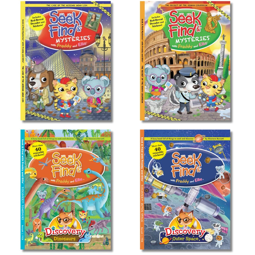Seek & Find with Freddy and Ellie, 4 Book Set. Includes Dinosaurs, Outer Space, The Case of the Missing Mona Lisa, and The Secret of the Roman Colosseum