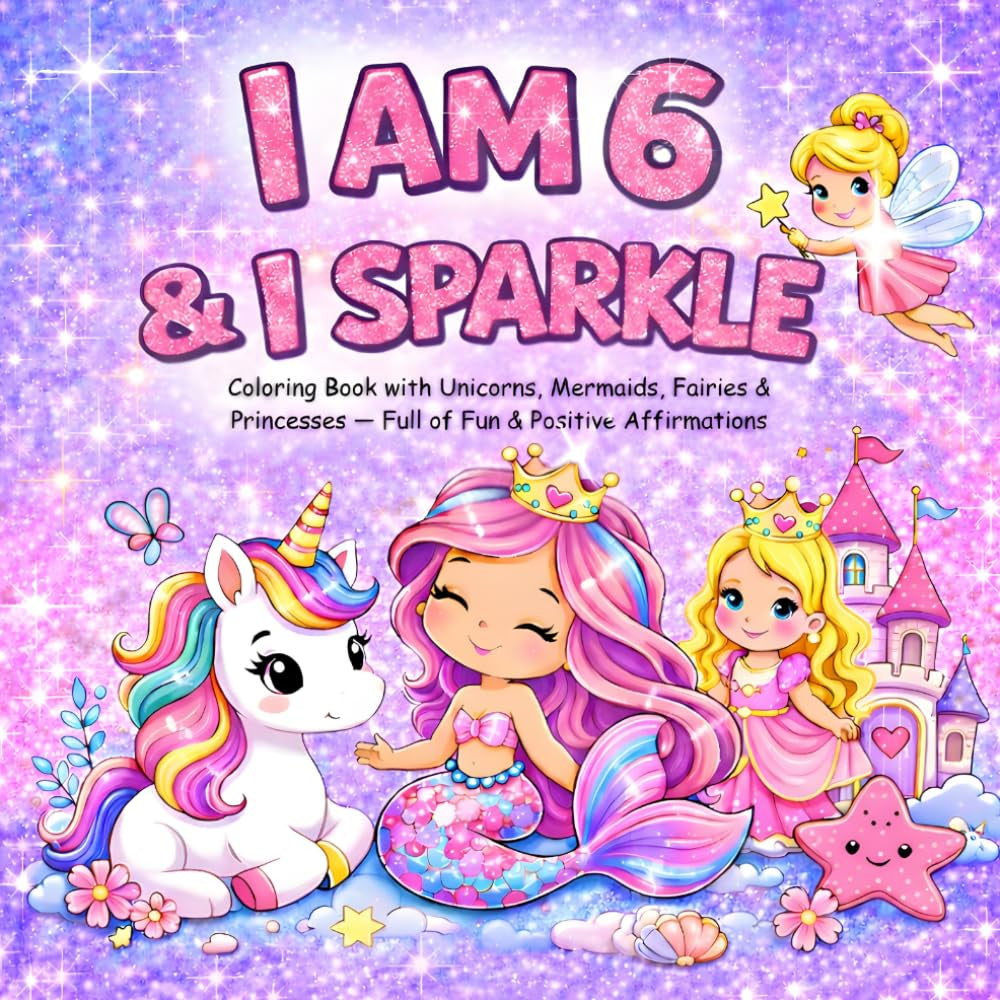 I am 6 and I Sparkle : Coloring Book With Unicorns , Mermaids , Fairies & Princesses Full of Fun & Positive Affirmations: Christmas Valentine Easter Birthday Gifts for Six Year Old Girl