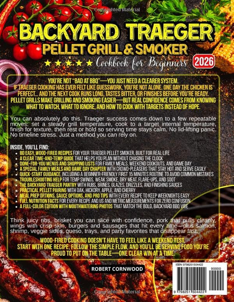 Backyard Traeger Pellet Grill & Smoker Cookbook for Beginners: 80 Easy Recipes for Juicy Brisket, Ribs, Chicken & Pork + Simple Step-by-Step Techniques, Time & Temp Guide for Family Meals and Game Day