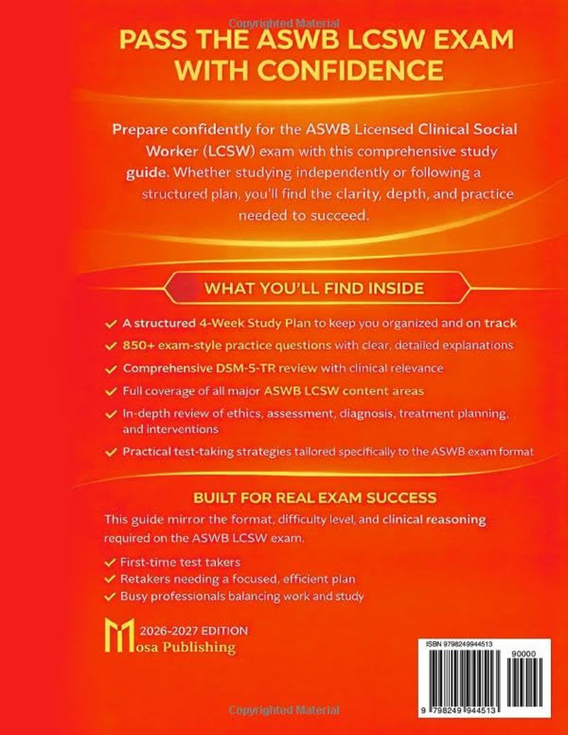 ASWB LCSW Study Guide: Ace the Licensed Clinical Social Worker Exam with a Complete 4-Week Study Plan, 850+ Practice Questions, Digital Flashcards, and DSM-5-TR Review