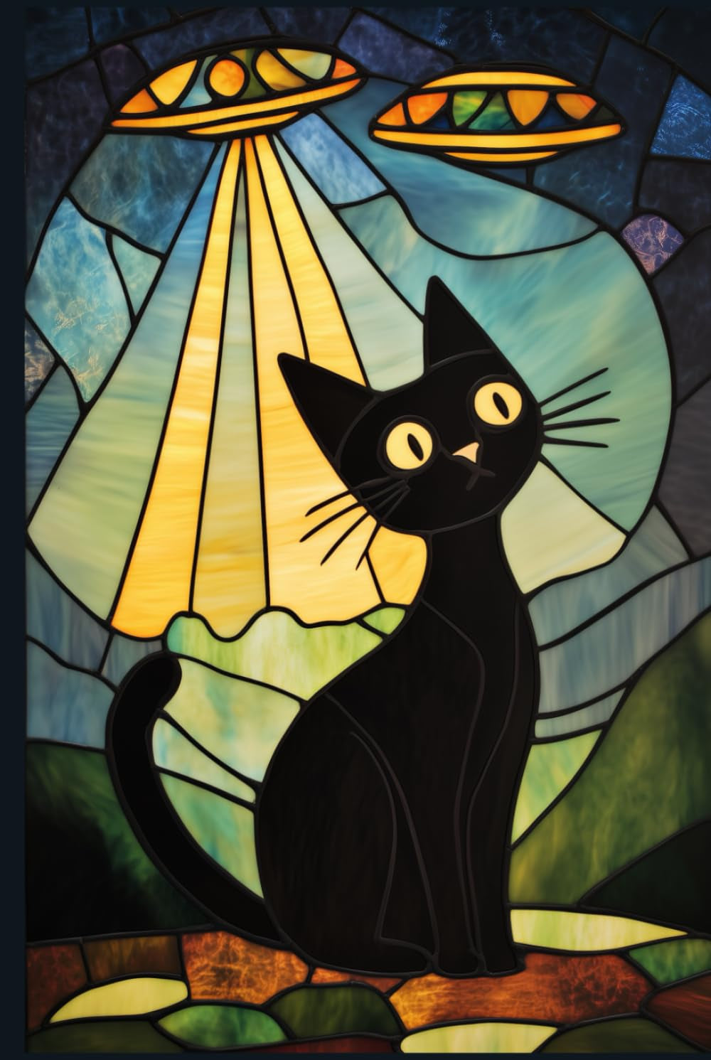 Stained Glass Black Cat and UFOs Notebook: Worried Scared Cat with Alien Spaceships Scifi Notepad Gift Journal for Lovers of Cats and Aliens | Science ... Cuteness | 6x9" with 120 College Ruled Pages