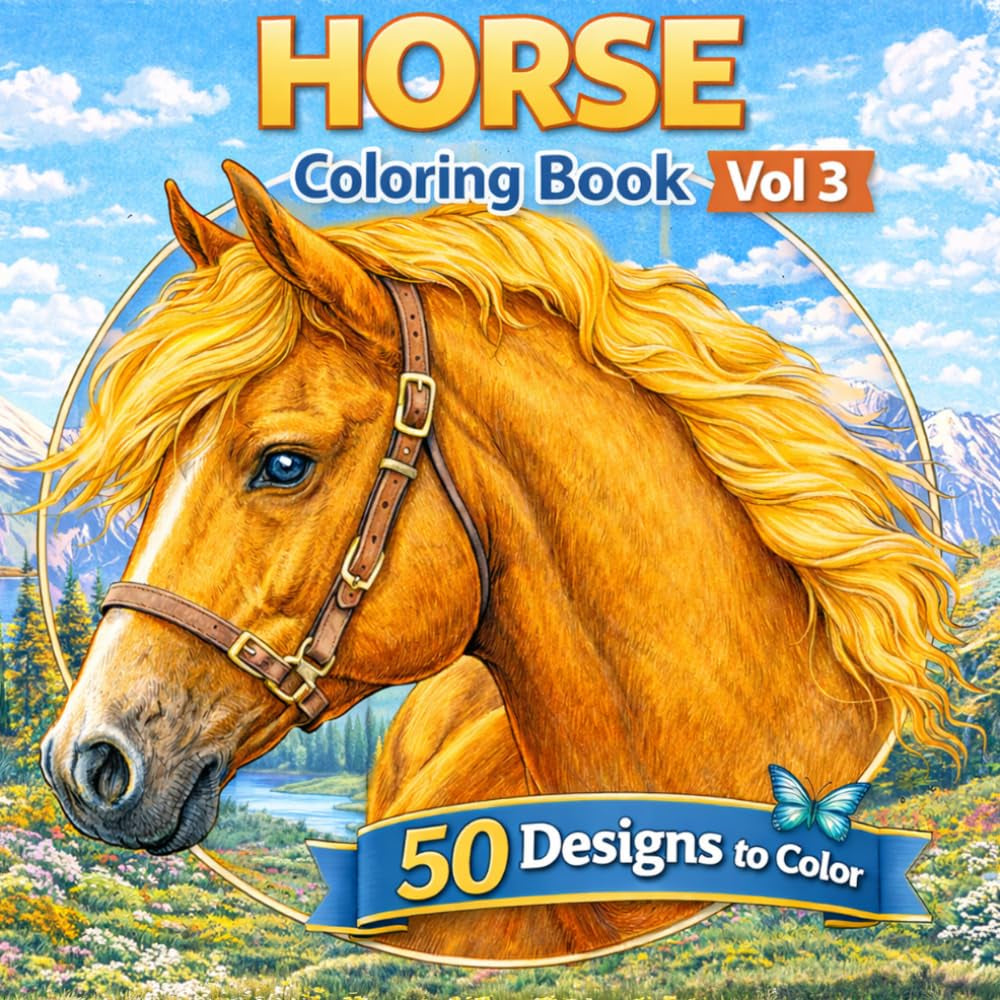 Horse Coloring Book: Cute, Realistic & Scenic Horse Designs: 50 Unique Designs to Color for Kids, Teens & Adults | Relaxing & Stress Relief | Vol 3