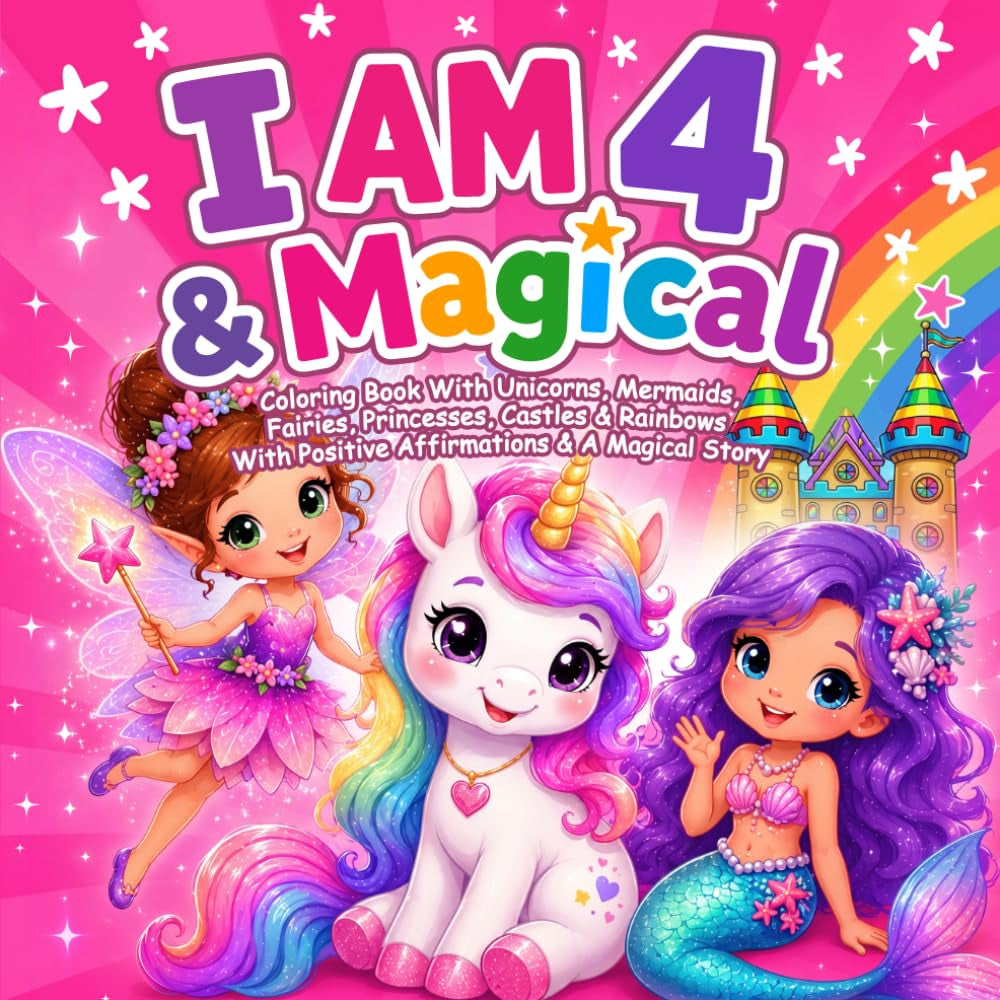 I Am 4 And Magical: Coloring Book With Unicorns, Mermaids, Fairies, Princesses, Castles & Rainbows With Positive Affirmations & A Magical Story: 4 Year Old Girl Birthday Gifts