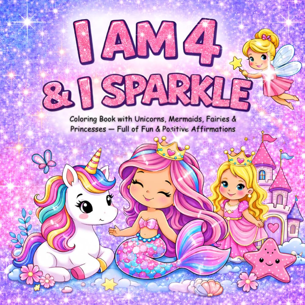 I am 4 and I Sparkle : Coloring Book With Unicorns , Mermaids , Fairies & Princesses Full of Fun & Positive Affirmations: Christmas Valentine Easter Birthday Gifts for Four Year Old Girl