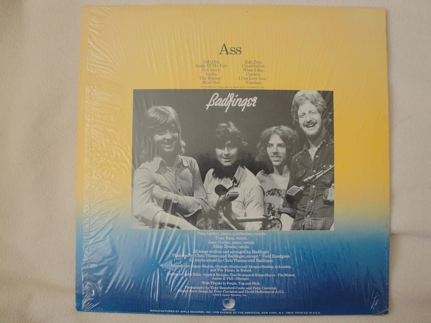 BADFINGER "ASS" Original 1973 Apple Records SW-3411 Stereo Record Recorded in England Todd Rundgran EX