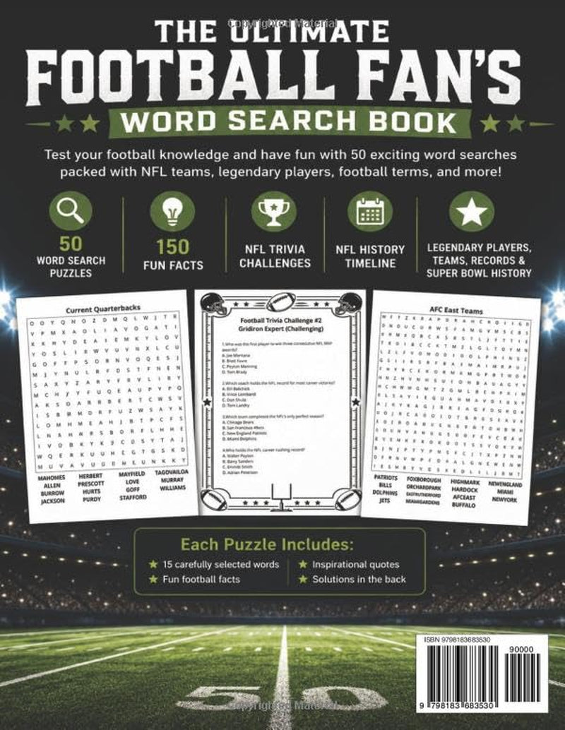 The Ultimate Football Fan's Word Search Book: 50 Football Word Searches, 150 Fun Facts, NFL Trivia Challenges, Legendary Players, Teams, Records, and Football History (Puzzle Champions Series)