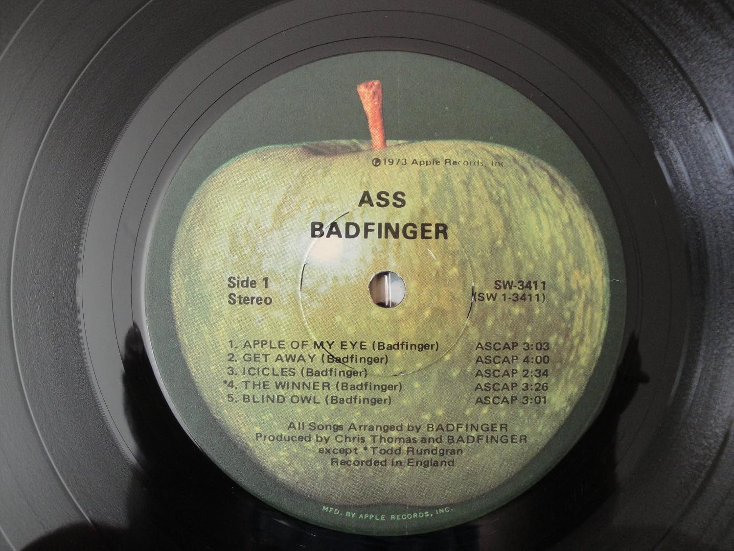 BADFINGER "ASS" Original 1973 Apple Records SW-3411 Stereo Record Recorded in England Todd Rundgran EX