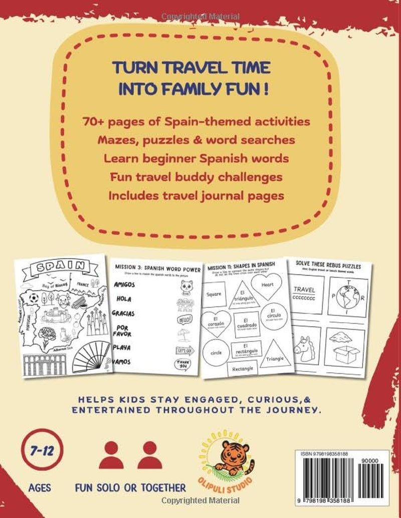 Spain Travel Activity Book For Kids Ages 7–12: Screen-Free Games, Mazes, Word Searches, Spanish Learning, Rebus Puzzles & Fun Travel Challenges | Answer Key Included
