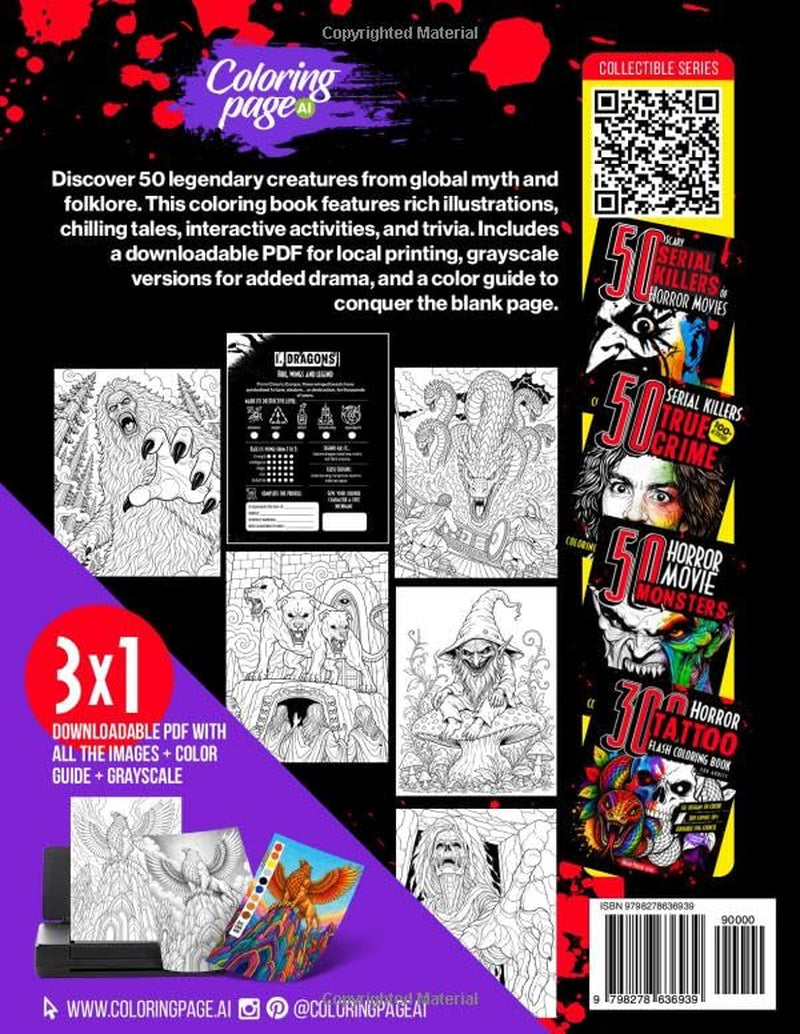 50 Mythical Creatures of Horror Coloring Book for Adults and Teens: Fantasy Animals and Beasts, Cryptids, Dragons, Scary Unicorns, Dark Mermaids for Relaxation, Mindfulness & Stress Relief
