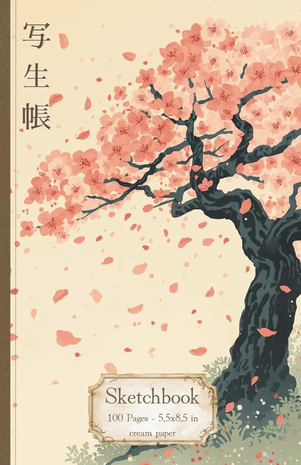 Sketch Drawing Art Book - Japanese Sakura Cherry Blossom Edition: Note- and Sketchbook - 5,5x8,5 in - Line and Blank Creme Paper Pages