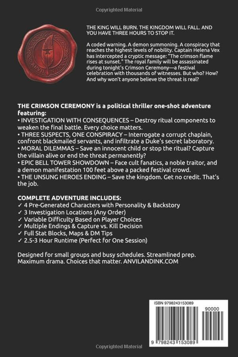 The Crimson Ceremony: A D&D 5e One-Shot Adventure for 2-3 Players - Political Thriller with Demon Summoning, Investigation & Moral Choices (The Ready Adventure Series)