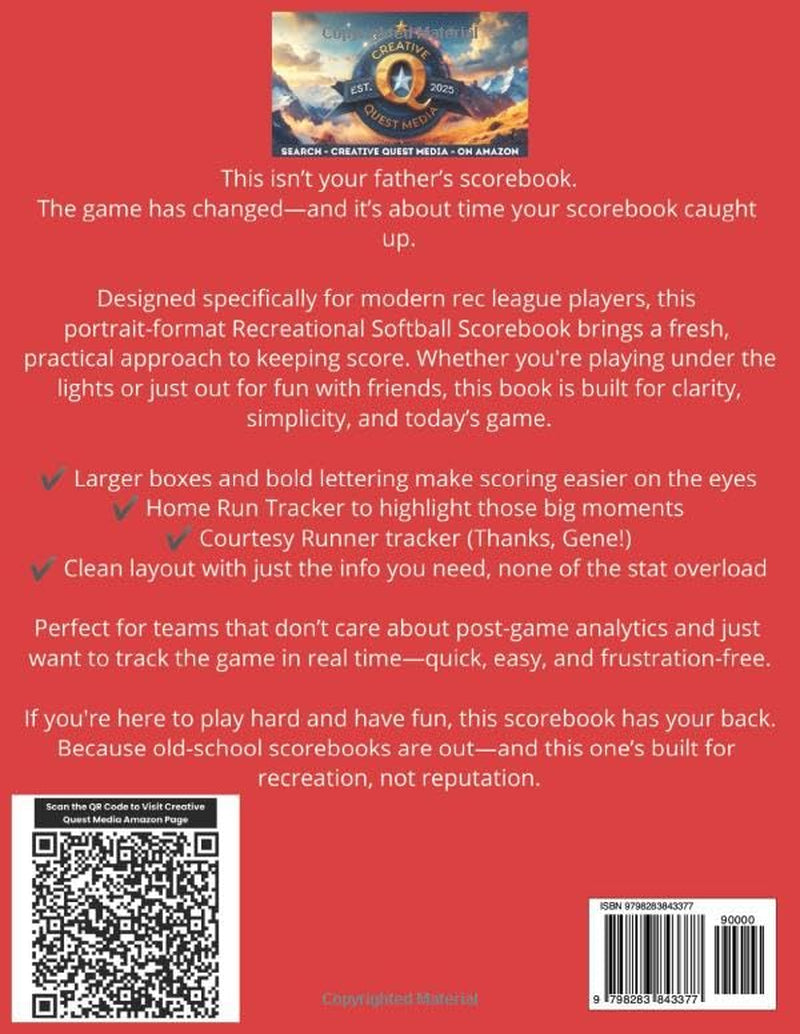 Recreational Softball Scorebook - Portrait Layout - New Features HR Tracker, Spot to Track Curtesy Runners and More!