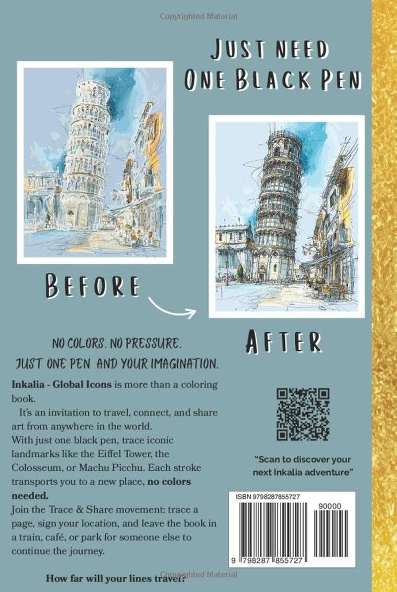 Inkalia: Global Icons – Reverse Ink Tracing Coloring Book for Adults & Teens: Trace 37 World Landmarks Using Just One Black Pen – A Travel-Sized ... Movement (Inkalia: Trace, Travel & Share)