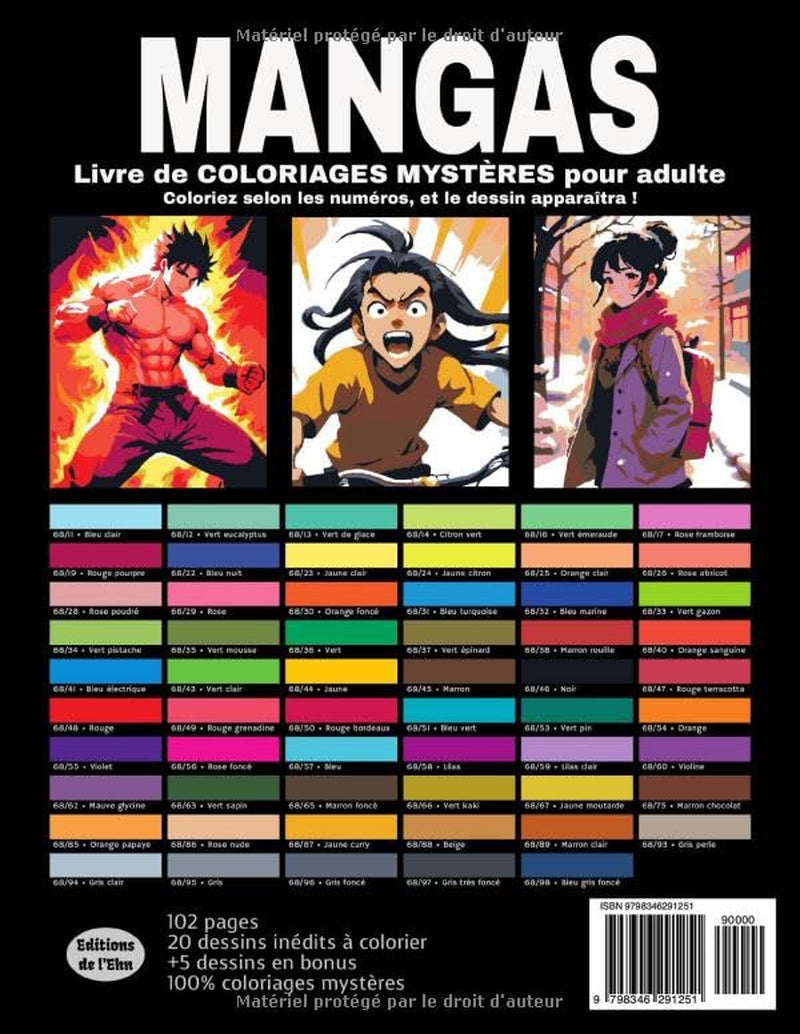 MANGAS - Livre de Coloriages Mystères pour adulte - Coloriage par Numéro - Art-Thérapie - Anti-Stress: 20 dessins de mangas & animes à colorier + 5 ... ! Idée cadeau - 102 pages (French Edition)