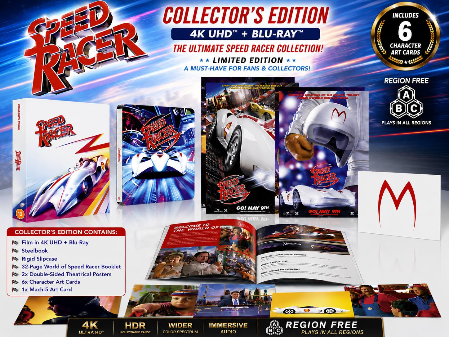 Speed Racer Ultimate Collector's Edition 4K Ultra HD + Blu-ray, Steelbook, Slipcase, 32-Page Booklet, Posters, Art Cards, Region Free