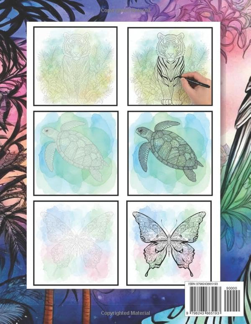 Exotic Animals - Ink Tracing Coloring Book for Adults: Reverse coloring with a watercolor background — trace the light lines with a single black pen to relax and relieve stress.