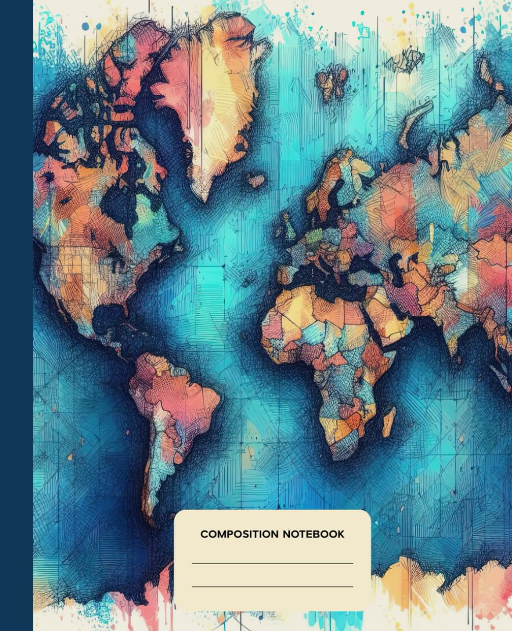 Composition Notebook College Ruled: World Map Colorful Aesthetic Illustration | Lined Paper Journal For School, College, Office, Work - 7.5" x 9.25" - 110 Pages