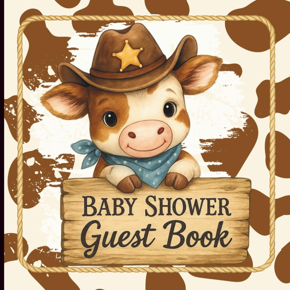 Baby Shower Guest Book: With Cow Print Cover – Rustic Western Theme, Keepsake Memory Sign-In Book for Guests, Predictions, Wishes, and Gift Log