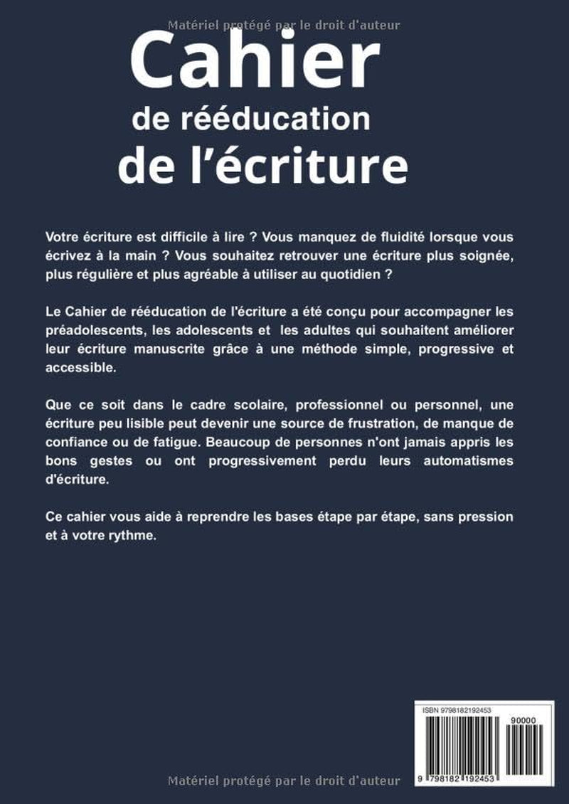 Cahier de rééducation de l'écriture: carnet d’écriture cursive pour adultes, adolescents et pré adolescents - pratique de l'écriture manuscrite- ... - entrainement à l’écriture (French Edition)
