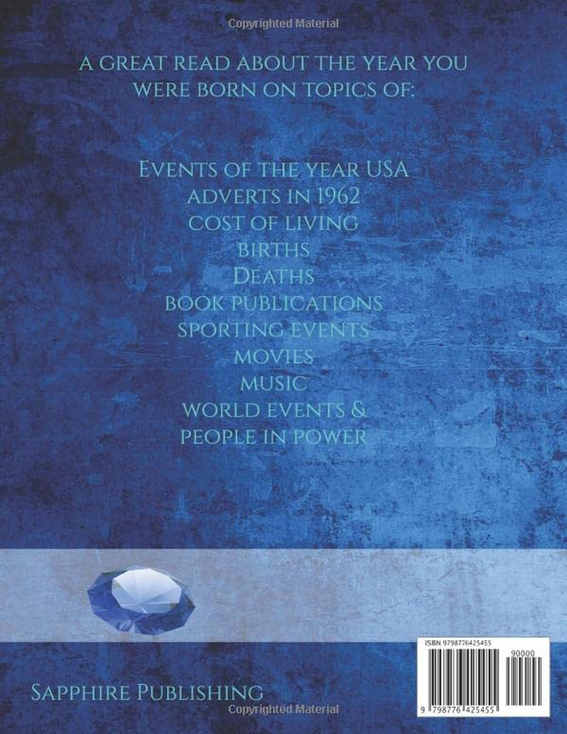 The Year You Were Born 1962: 1962 USA Yearbook. This 91 page A4 book is full of interesting facts and trivia over many topics.